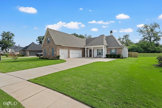 view of front facade with driveway, a garage, fence, a front lawn, and brick siding