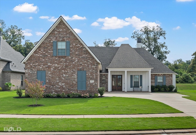 view of front of house featuring a shingled roof, a front yard, a chimney, and brick siding