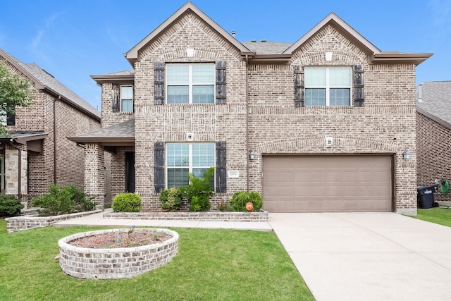 view of front of property featuring driveway, brick siding, and a front yard