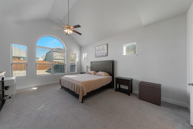 bedroom featuring high vaulted ceiling, light carpet, ceiling fan, and baseboards