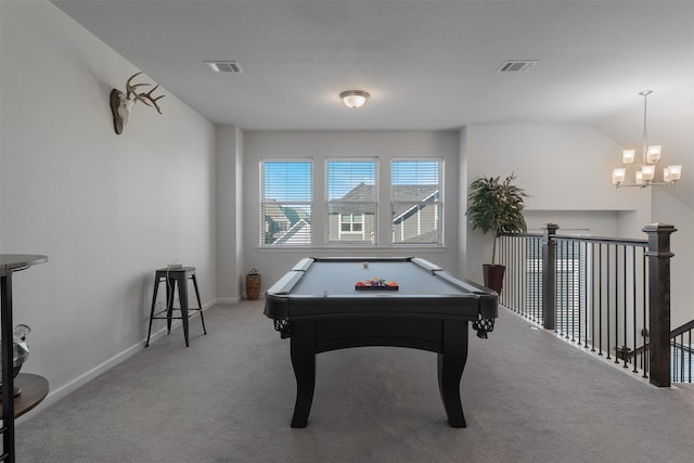 recreation room featuring pool table, visible vents, light carpet, and baseboards