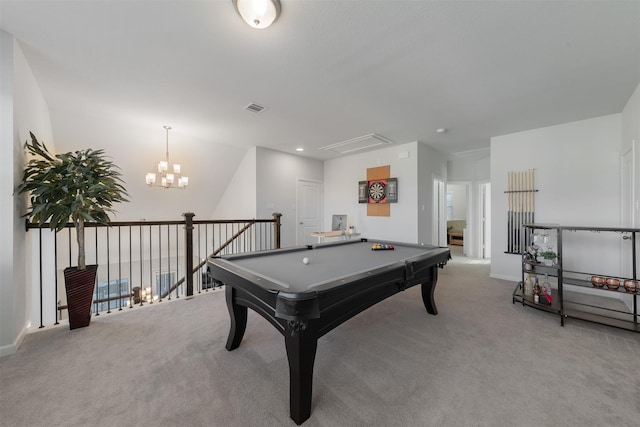 recreation room featuring light carpet, baseboards, visible vents, pool table, and an inviting chandelier