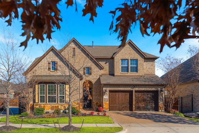 view of front facade with concrete driveway, brick siding, and a shingled roof