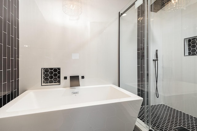 full bathroom featuring a freestanding tub and a shower stall