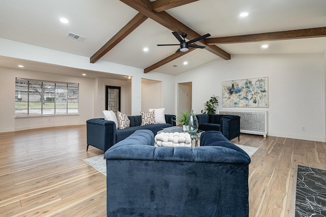 living area featuring lofted ceiling with beams, baseboards, visible vents, and light wood-style floors