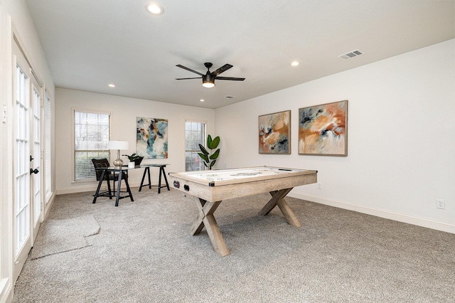 recreation room with carpet, visible vents, and recessed lighting