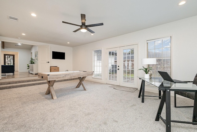 recreation room with french doors, recessed lighting, visible vents, light carpet, and ceiling fan