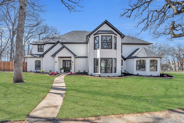 view of front facade featuring brick siding, a front yard, and fence