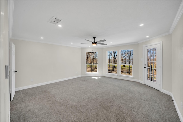 7004 Ledbetter Rd, Arlington, TX 76001 - carpeted empty room with recessed lighting, crown molding, baseboards, and a ceiling fan