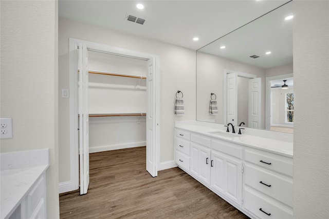 7004 Ledbetter Rd, Arlington, TX 76001 - full bathroom with vanity, wood finished floors, baseboards, a walk in closet, and recessed lighting