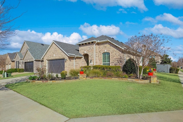 view of front of home with a garage, brick siding, driveway, roof with shingles, and a front yard