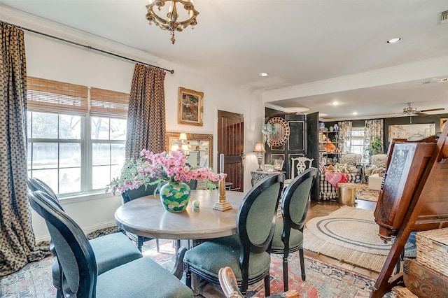 dining area with a ceiling fan, recessed lighting, and visible vents