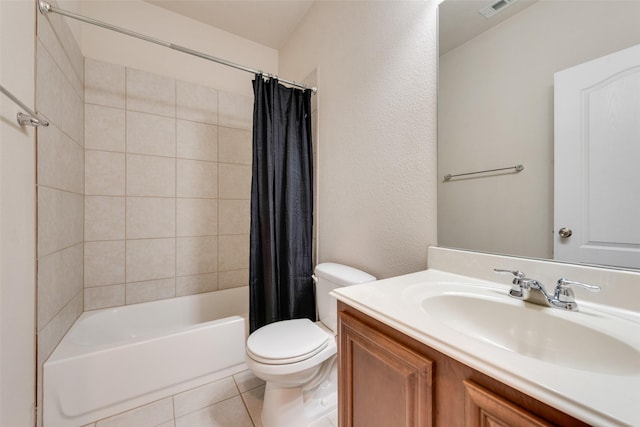 full bath with toilet, visible vents, vanity, tile patterned floors, and shower / bath combination with curtain