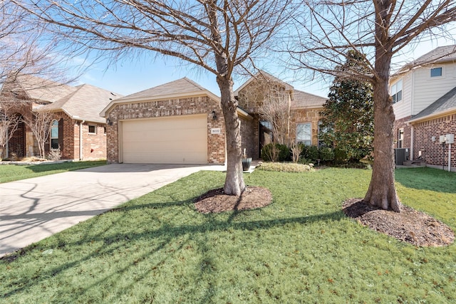 ranch-style house with brick siding, concrete driveway, an attached garage, central AC unit, and a front yard