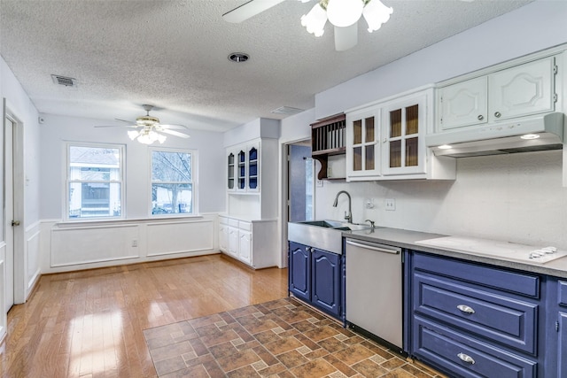 kitchen with dishwasher, white cabinets, glass insert cabinets, and under cabinet range hood