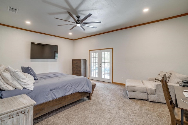 carpeted bedroom with french doors, crown molding, visible vents, a ceiling fan, and baseboards