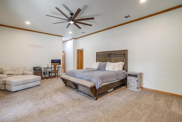 bedroom with visible vents, baseboards, carpet, crown molding, and recessed lighting