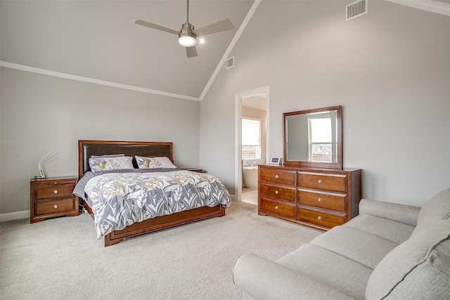 bedroom with light carpet, baseboards, visible vents, and ornamental molding