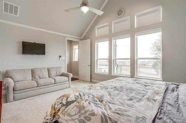 bedroom with crown molding, baseboards, visible vents, and light colored carpet