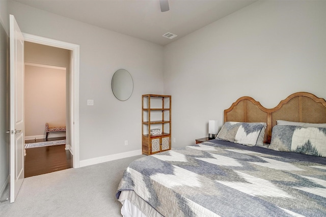 bedroom featuring carpet, visible vents, ceiling fan, and baseboards