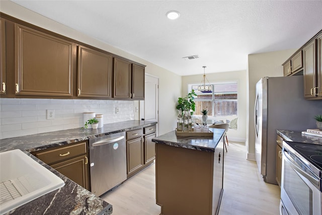 kitchen with stainless steel appliances, a kitchen island, visible vents, hanging light fixtures, and backsplash