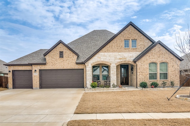 french country inspired facade featuring brick siding, concrete driveway, roof with shingles, a garage, and stone siding
