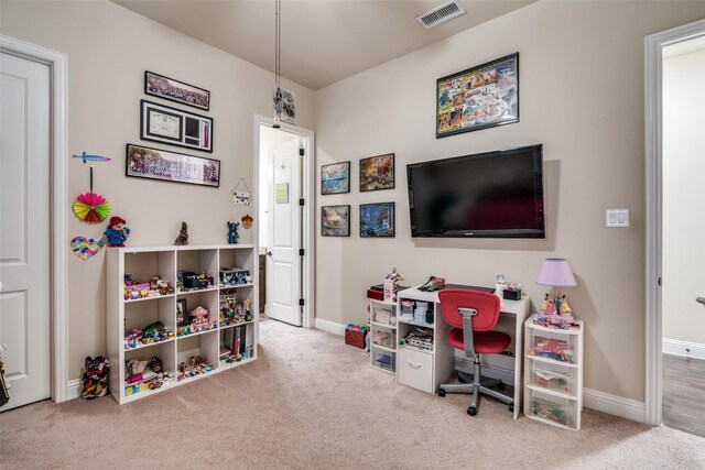 home office featuring carpet, visible vents, and baseboards