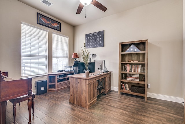 home office featuring visible vents, baseboards, a ceiling fan, and dark wood-style flooring