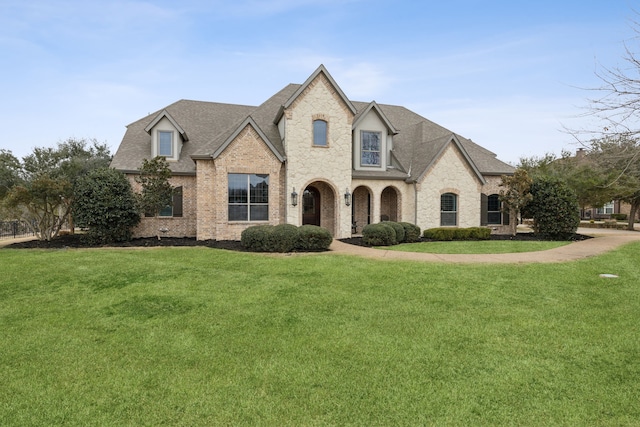 french country home with brick siding, roof with shingles, and a front lawn