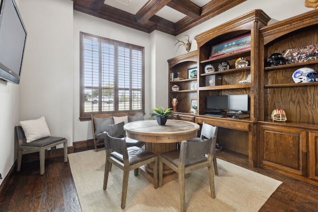 dining area with baseboards, coffered ceiling, dark wood finished floors, and built in study area