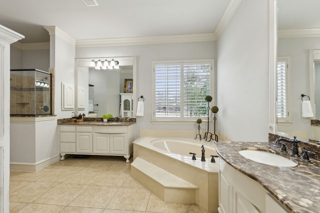 bathroom featuring a shower stall, ornamental molding, a garden tub, and a sink