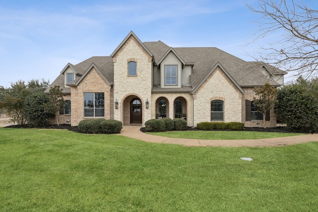 french country style house featuring brick siding, a shingled roof, and a front yard