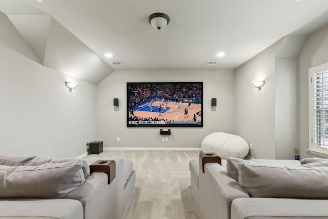 cinema with recessed lighting, visible vents, baseboards, and light colored carpet