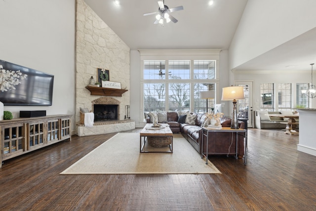 living area featuring ceiling fan with notable chandelier, a fireplace, high vaulted ceiling, and wood finished floors