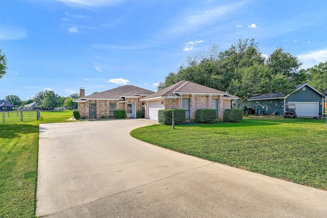 ranch-style house featuring brick siding, an attached garage, a front yard, fence, and driveway