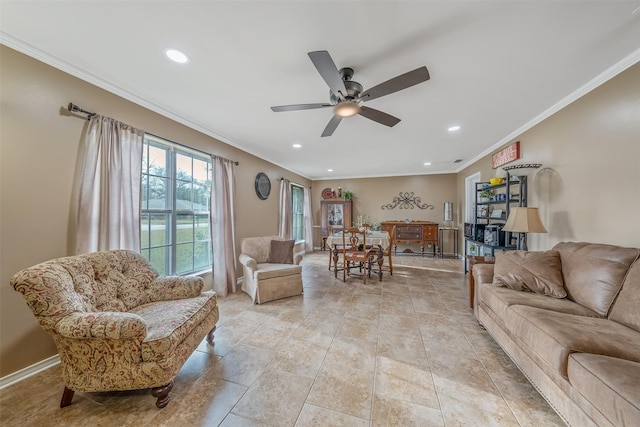 living room with ceiling fan, light tile patterned floors, recessed lighting, baseboards, and ornamental molding