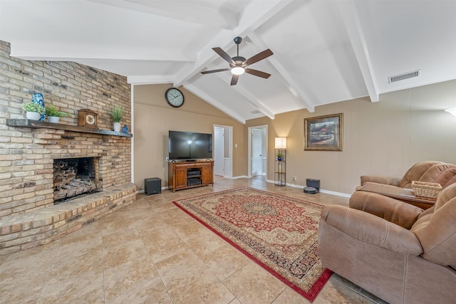 living room featuring lofted ceiling with beams, ceiling fan, visible vents, baseboards, and a brick fireplace