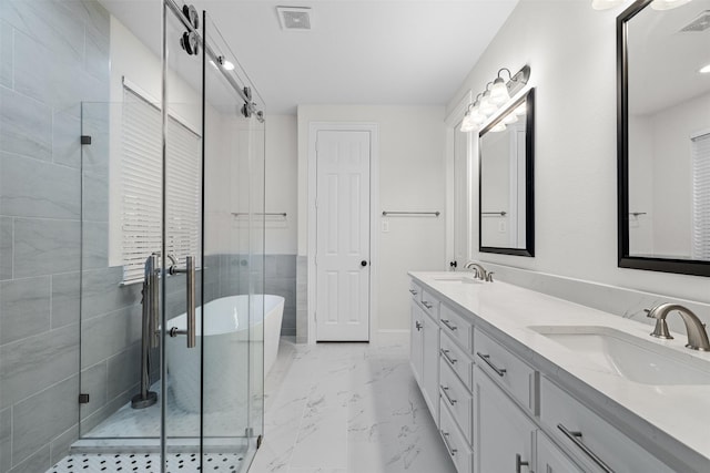 full bathroom featuring marble finish floor, double vanity, visible vents, a stall shower, and a sink