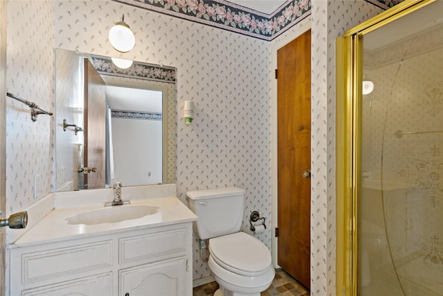 735 State Highway 37 N, Clarksville, TX 75426 - full bath with a stall shower, vanity, toilet, and wallpapered walls