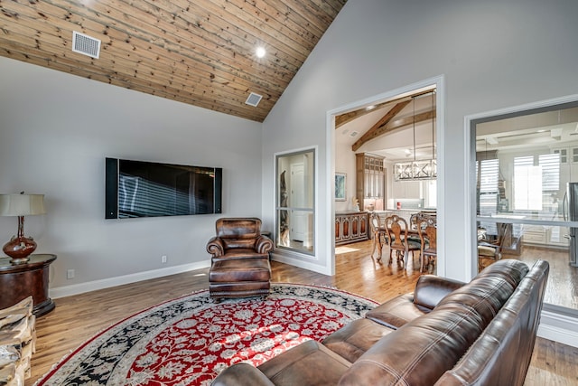 living room featuring high vaulted ceiling, visible vents, baseboards, and wood finished floors