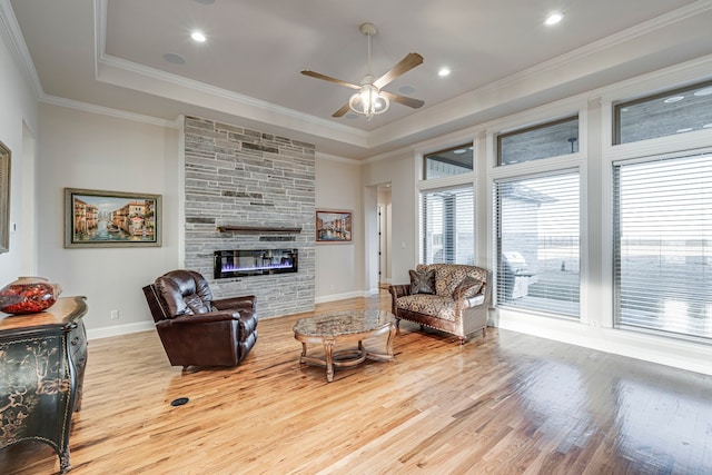 living room with ornamental molding, light wood-type flooring, a raised ceiling, and a fireplace