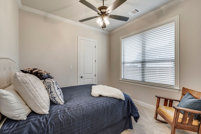 bedroom featuring visible vents, ornamental molding, light carpet, ceiling fan, and baseboards