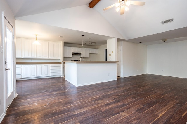 unfurnished living room featuring high vaulted ceiling, visible vents, a ceiling fan, beam ceiling, and dark wood finished floors