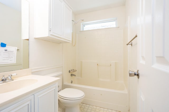 bathroom with vanity, bathtub / shower combination, toilet, and tile patterned floors