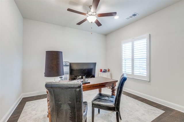 office with dark wood-type flooring, visible vents, and baseboards