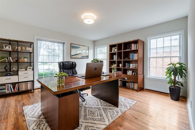 office space with baseboards and wood finished floors