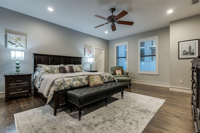 2111 Albany St, Dallas, TX 75201 - bedroom featuring recessed lighting, dark wood-style flooring, connected bathroom, a ceiling fan, and baseboards