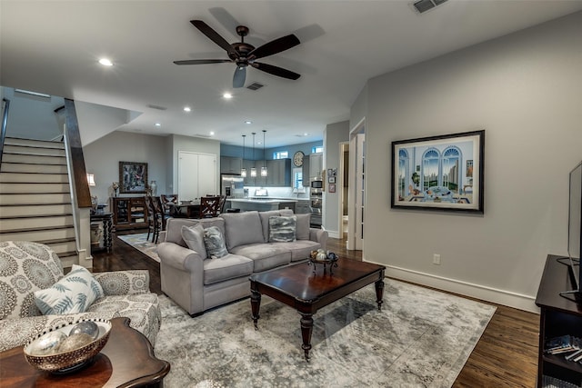 2111 Albany St, Dallas, TX 75201 - living room with visible vents, baseboards, recessed lighting, wood finished floors, and a ceiling fan