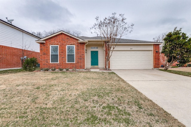 ranch-style house featuring a garage, brick siding, driveway, and a front lawn