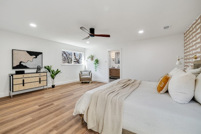 4707 Weyhill Dr, Arlington, TX 76013 - bedroom with light wood finished floors, recessed lighting, baseboards, ensuite bathroom, and a ceiling fan